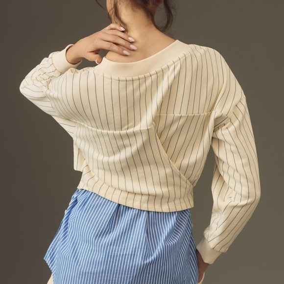 NWT Anthropologie Striped Cream White Blue Bow Tie Long Sleeve Twofer Small - Picture 2 of 7